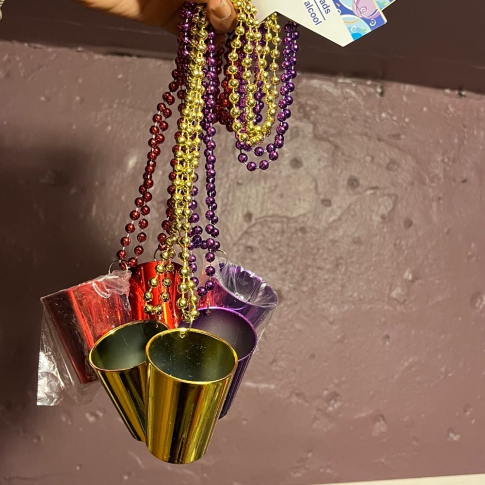 Festive Metallic Bead Shot Glass Necklace - Gold, Purple, Red